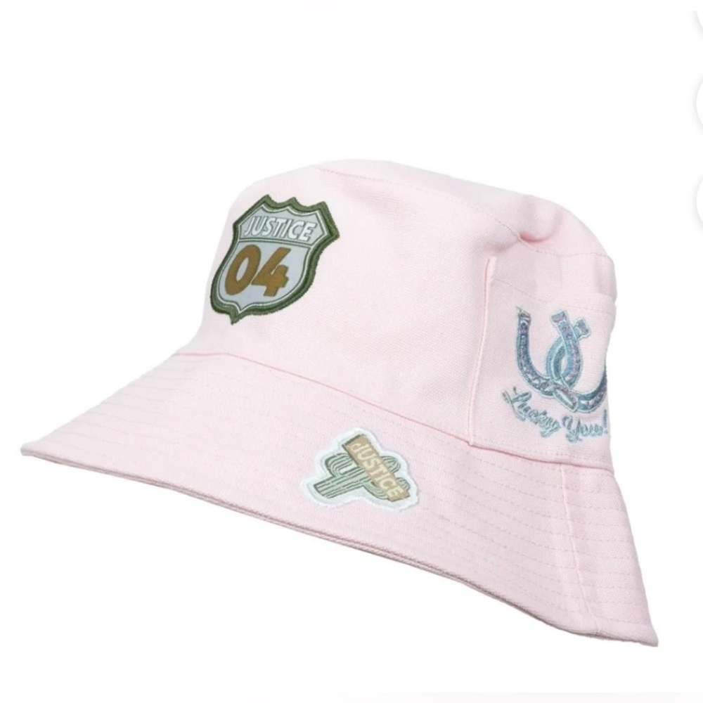 Justice Light Pink Sporty Bucket Hat Girls One Size Patches NWT‎